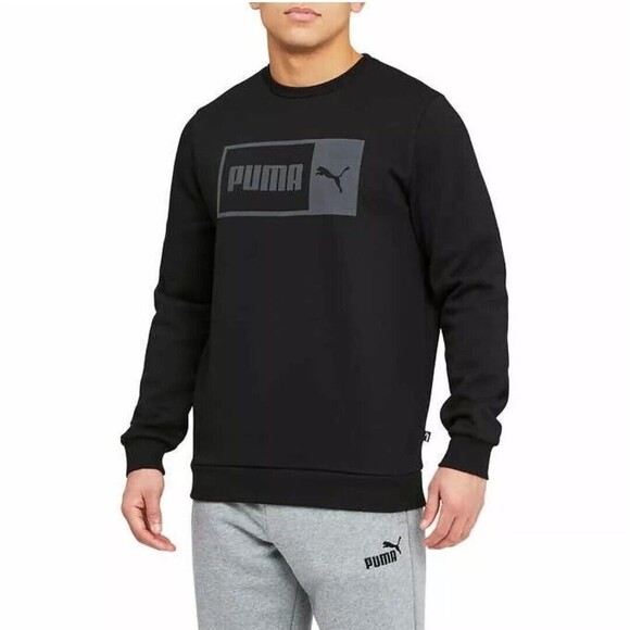 Puma Men's M Crew Neck Fleece Lined Cotton Pullover Logo Crew Sweatshirt Black - Picture 1 of 8